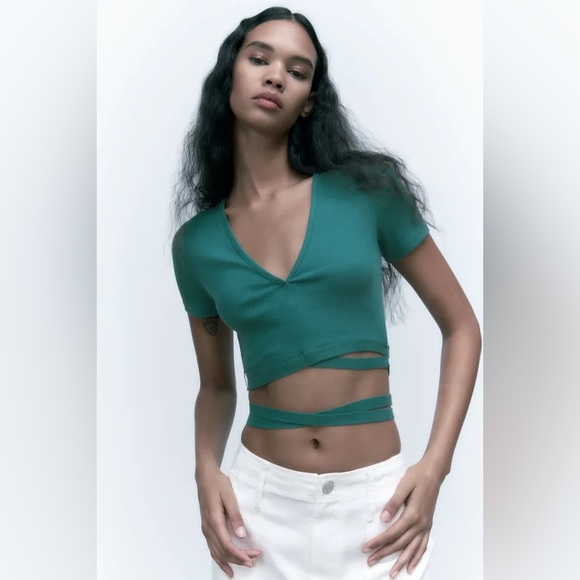 Zara Tops - NWT Zara teal TIED RIB TOP